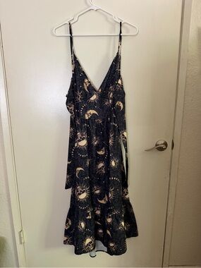 Celestial Print Black Maxi Dress with Spaghetti Straps